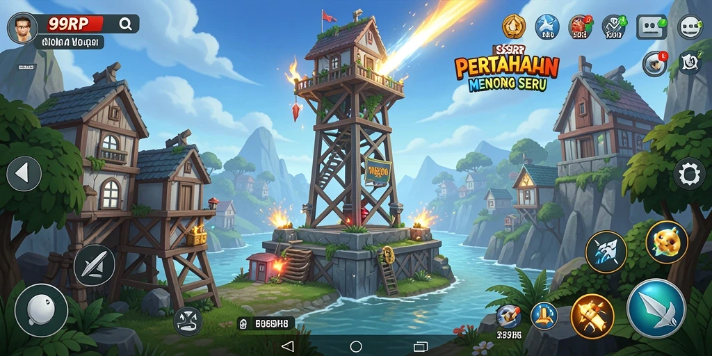 Tampilan utama gameplay Tower Defense di 99RP dengan menara yang beragam.