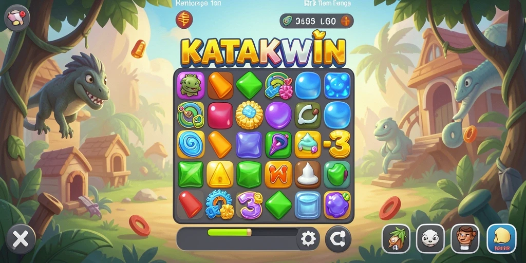 Screenshot KATAKWIN menampilkan gameplay Match-3 yang seru dan penuh warna.