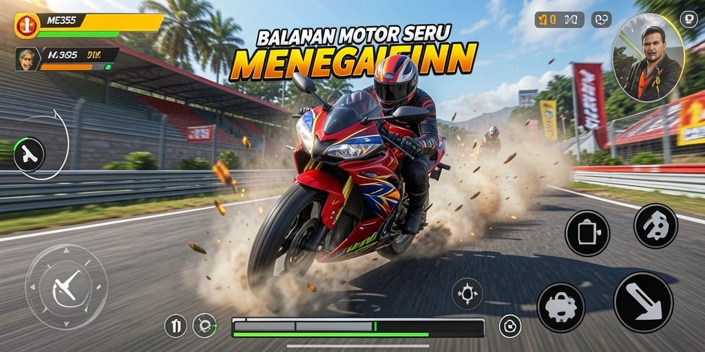 Tangkapan layar ME355 menunjukkan aksi balapan motor yang cepat dan seru.