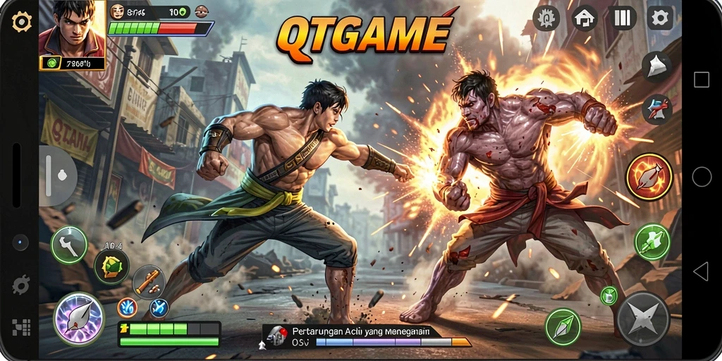 Tangkapan layar QTGAME menampilkan aksi pertempuran yang mendebarkan.