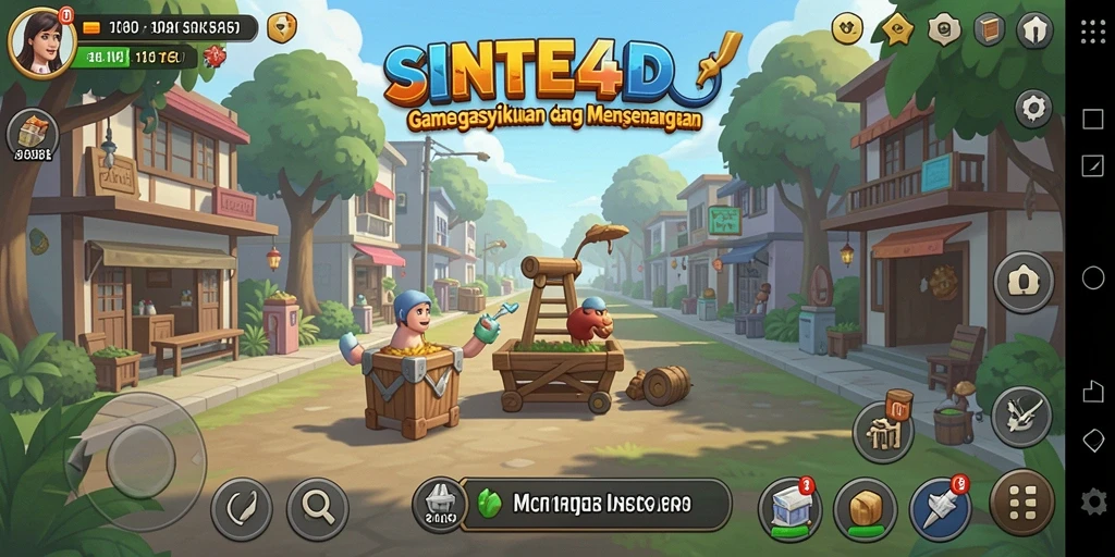 Screenshot gameplay SINTE4D yang memperlihatkan karakter mengumpulkan sumber daya.